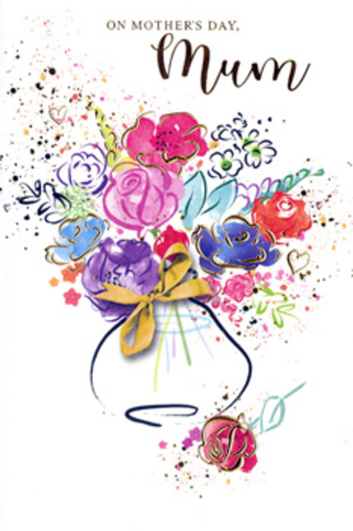 In this expressive Mother's Day card, the bouquet appears like an exuberant sketch brought fully to life, as if an artist in Hatch End had captured the feeling of love in a flurry of colour. Sweeps of hot pink, deep indigo, soft apricot, and lively chartreuse overlap in loose, painterly layers, each hue suggesting a different facet of family affection and shared history. The petals are only partially defined, allowing the viewer's imagination to complete their shapes, while fine golden accents trace around selected edges, catching the eye with a subtle shimmer that hints at the quiet glow of a mother's warmth. The flowers emerge from a whimsical vase, painted in calm washes of blue and muted purples, its rounded form grounding the joyful explosion of colour above. Tied around the neck of the vase is a neat golden bow, reminiscent of the precise, practiced knot a florist ties before sending out a hand-tied bouquet to nearby homes and cafés. Around the main arrangement, scattered hearts and tiny splatters of pigment drift across the clean white background, conveying the impression of emotions overflowing-laughter, comfort, and gratitude spilling out in flecks of colour. The composition feels simultaneously carefree and intentional, like a quick design idea drawn in a florist's notebook and then lovingly refined into a keepsake. This card holds more than floral imagery; it captures the essence of Mother's Day as a moment of reflection, thanksgiving, and connection. It becomes a lasting paper bouquet, one that carries whispered thank-yous, memories of school runs through Hatch End, and the enduring beauty of a mother's love.