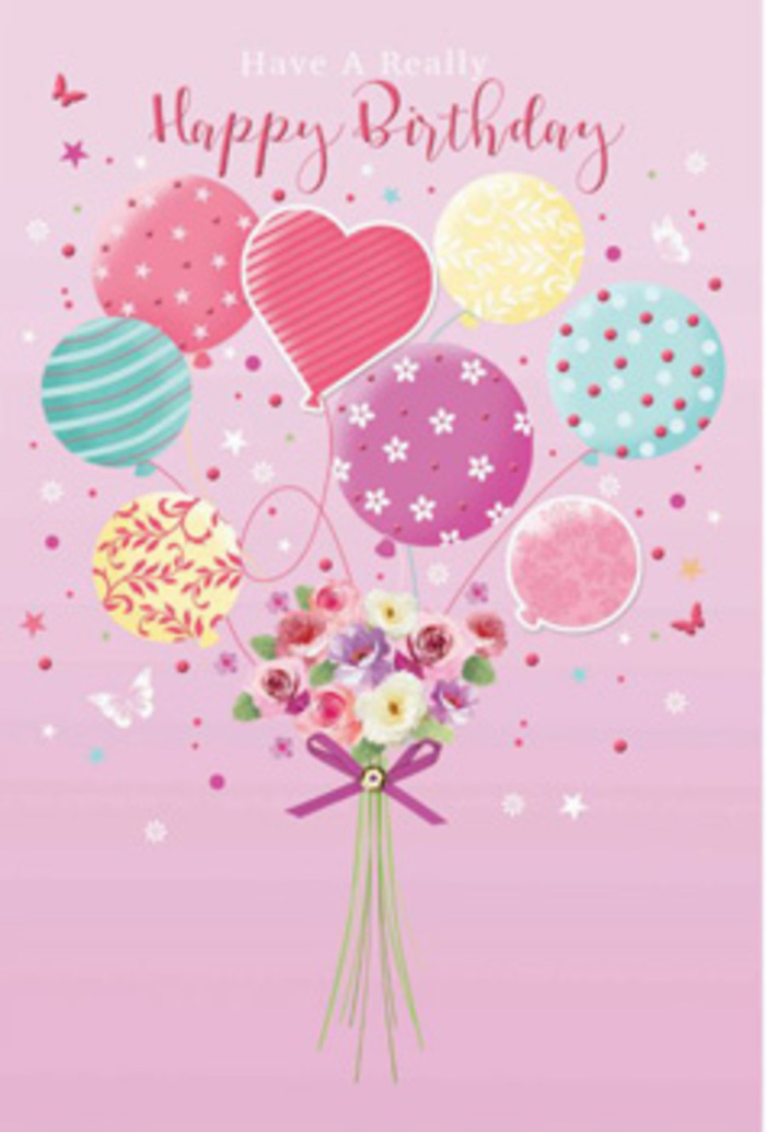 There is a sense of gentle jubilation in this floral birthday scene, as if a daydream has drifted over Hatch End and been captured on a soft pink canvas. At the top, a tethered cluster of balloons in pale sunshine yellow, rosy fuchsia, blush pink, and lavender seems to lift an entire garden upwards in quiet celebration. The balloons themselves feel lovingly detailed: some feature fine stripes that spiral like festive streamers; others are dotted with playful spots; a few display delicate, repeated floral patterns; and one stands out as a heart-shaped balloon, glowing warmly in a deeper pink tone. They gather as though hovering above a small gathering in a back garden off a quiet Hatch End side street. Their strings converge in the centre, tied to a petite, hand-crafted bouquet at the base. Here, petite roses and soft, daisy-like flowers form a rounded cluster, each petal shaded from creamy ivory at the centre to rosy pink and soft mauve at the tips. The blooms are rendered with a velvety texture, suggesting fresh, dewy petals you might see first thing in the morning at a nearby florist's workbench. A narrow, shimmering purple bow completes the bouquet, binding the stems with a touch of understated glamour. Around the arrangement, whimsical butterflies flutter and tiny stars twinkle, enhancing the dreamlike quality of the composition, as though the bouquet were caught between reality and imagination. The lighting is gentle and caressing, resting softly on the balloons' glossy surfaces and along the curved edges of each petal, giving the artwork a subtle, three-dimensional feel. Everything about the piece - from its considered patterns to its balanced colours - speaks of expert hands and a desire to create a birthday greeting that makes the recipient feel cherished, wherever they may be in Hatch End.