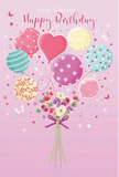 On a serene, blush-pink background, this birthday illustration feels like a breath of fresh air drifting over homes and gardens in Hatch End. At its centre, a charming cluster of pastel balloons lifts upward, strings pulled taut as if bearing the weight of heartfelt wishes. Each balloon expresses a slightly different mood: some swirl with candy-striped bands of rose, teal, and lemon; others blossom with playful polka dots; a few are dusted with soft floral motifs; and a standout heart-shaped balloon in deeper pink radiates warmth and affection. Their colours blend gently, creating a palette of powder pink, sea green, buttery yellow, and lavender that feels bright yet soothing. Below, anchoring this airy parade, sits a compact hand-tied bouquet of delicate roses and anemone-like blooms. The flowers are tightly grouped, their petals layered and feathery, transitioning from creamy ivory at their centres to blush and mauve at their edges. It is the sort of bouquet you could imagine arriving as a surprise birthday delivery, set carefully on a hallway table in a Hatch End home. A violet satin ribbon secures the stems, bow tied neatly with flowing tails that echo the balloons' curling strings. Around the arrangement, little stars and fluttering butterflies create a storybook sparkle, as if the bouquet is bathed in gentle birthday magic. Soft, diffused light washes over the entire composition, highlighting the glossy sheen of the balloons and the natural luminosity of the petals without harsh shadows. The result is an image that feels light, sweet, and perfectly festive - a visual celebration that captures the spirit of an unforgettable birthday spent with loved ones in Hatch End, where even the flowers seem to join in the fun.