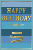 A beautifully balanced birthday card pairs tranquil blues with glimmering gold, creating a gentle sense of celebration that suits the relaxed charm of Hatch End. The card's background is formed by wide horizontal stripes, each band a different shade of blue. At the very top, the colour is dark and saturated, almost navy, gradually easing through cooler teal and ocean tones before arriving at a soft, light blue near the base. This slow transition from deep to pale gives the design depth and calm, reminiscent of watching the sky lighten over the rooftops of Hatch End on a clear morning. Centered across these blue layers, the words "HAPPY BIRTHDAY" rise in crisp, embossed gold capital letters. The metallic foil has a subtle, sophisticated sheen, catching light in small glints that enliven the card without shouting for attention. Just beneath the main greeting, a delicate golden flourish unfurls from side to side, adding a traditional, almost handwritten elegance. Below this flourish, three tidy gold banners are stacked one atop the other, each ribbon sharply defined and slightly elevated from the surface. Together, they share a gentle instruction: "Relax, have a great day and enjoy!" A fine gold border runs neatly around the edges of the card, framing everything with quiet precision and reinforcing the sense that this is a carefully made, quality piece of stationery. You can easily imagine it standing beside a fresh bouquet from a local Hatch End florist, bringing warmth, refinement, and a message of unhurried happiness to someone's special birthday.
