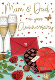 Elegant anniversary card design that looks like a lovingly arranged still life, celebrating "Mum & Dad" with the classic trio of roses, chocolates, and champagne. The scene unfolds across a softly lit tabletop, where two slender champagne flutes stand close together, their bowls filled with sparkling golden champagne. Tiny bubbles spiral slowly upward inside the glass, giving the impression of a quiet toast ready to be shared. In front of the flutes, a heart-shaped chocolate box occupies the centre of the composition, its rich red exterior smooth and inviting. The lid is pushed open to reveal an orderly selection of glossy chocolates in dark and milk tones, each one carefully nestled like a miniature indulgence. A large, luxurious red bow is tied around the box, its loops full and rounded, its curled tails resting on the table as though gently placed there by a florist's hand used to designing gifts for couples across Hatch End. To the side, two velvety red roses lie on a bed of greenery, their petals deeply layered, plump, and freshly opened, suggesting the lush quality of premium stems selected for anniversary arrangements. A few chocolates are scattered casually nearby, adding a relaxed, personal feel. Fine gold and crimson hearts drift across the background, picking up the warm tones of the card and drawing the eye toward the affectionate "Mum & Dad" inscription. A bright scarlet envelope, firmly sealed and angled just so, sits at the front, hinting at a handwritten message filled with gratitude, stories, and quiet emotion. Gentle reflections glimmer on the glass and chocolates, bathing the whole composition in a soft glow that evokes the comfort of long-lasting love, shared memories, and family celebrations in the heart of Hatch End.
